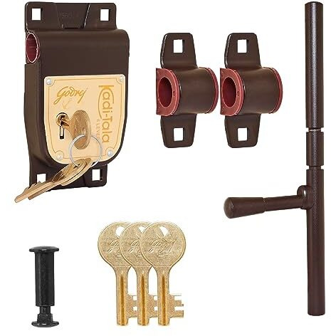 Godrej Locks I Kadi-Tala 6 Lever 275 Mm I 3 Keys I For Double Door, Fitting Outside Of Door Pannel I Aloy Steel Body Double Locking Mechanism For Main Door I Brown Texture Finish