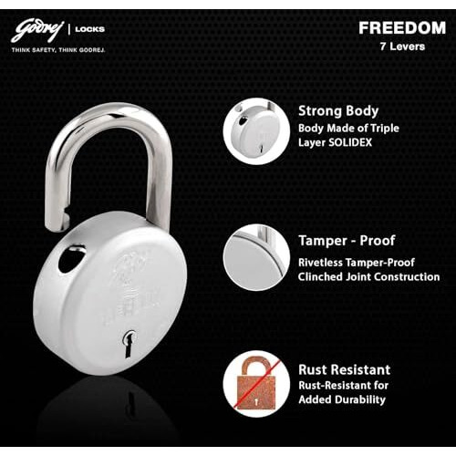 Godrej Locks I Padlock 7 Levers 75 Mm I 3 Keys I Padlock For Main Door I Gate Lock I Lock For Tool Box, Shutters, Shops & Offices I Strong Hardened Corrosion Resistant Shackle I 1 Year Warrenty