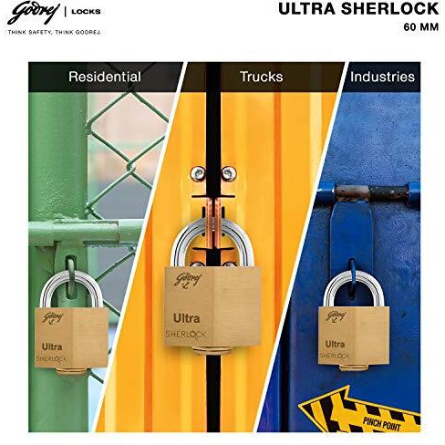 Godrej Locks I Ultra Sherlock 60Mm I 3 Keys I Square Lock For Main Door I Gate Lock I Tool Box, Shutters, Shops & Offices I Blister Finish | 1 Year Warrenty