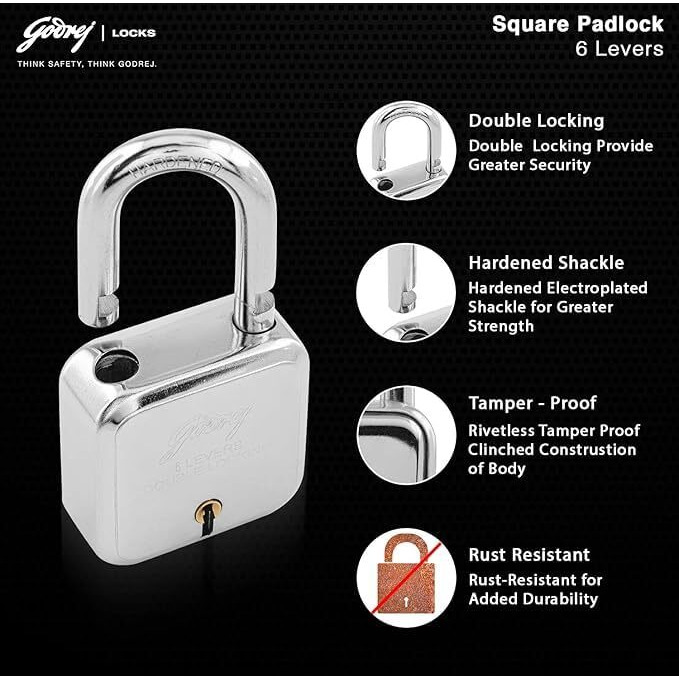 Godrej Locks I Square 6 Levers 50Mm I 4 Keys I Padlock For Main Door I Gate Lock I Lock For Tool Box, Shutters, Shops & Offices I Corrosion Resistant Shackle I Silver Finish | 1 Year Warranty
