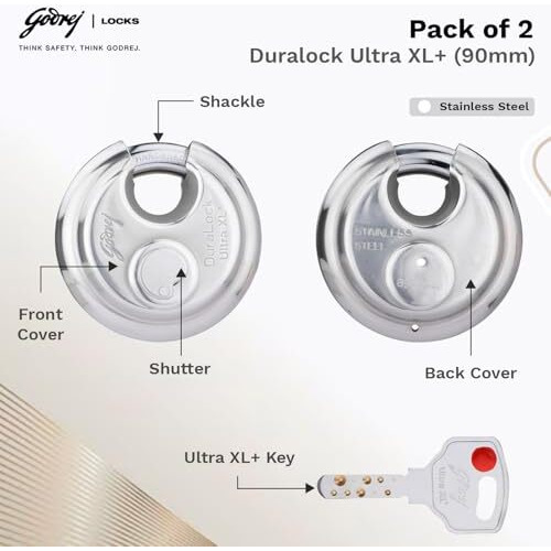 Godrej Locks I Godrej Duralock Ultra Xl 90 Mm I 3 Keys I Padlock For Main Door I Gate Lock I Lock For Shutters, Shops & Offices I Corrosion Resistant Shackle I Sliver Finish I 1 Year Warrenty