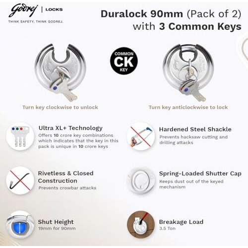 Godrej Locks I Godrej Duralock Ultra Xl 90 Mm I 3 Keys I Padlock For Main Door I Gate Lock I Lock For Shutters, Shops & Offices I Corrosion Resistant Shackle I Sliver Finish I 1 Year Warrenty