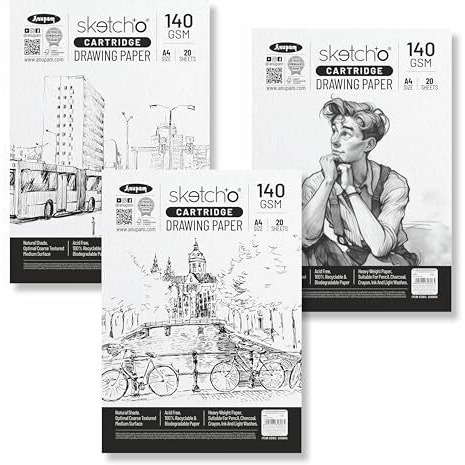 Anupam Sketcho Sketching & Drawing Paper A4 | 20 Sheet 40 Pages | 140 Gsm Sheet For Pencil, Charcoal, Graphite, Redchalk Pastel, Chalk, Oil Pastel & Wax Crayon For Artist's & Amateurs (Set Of 3)