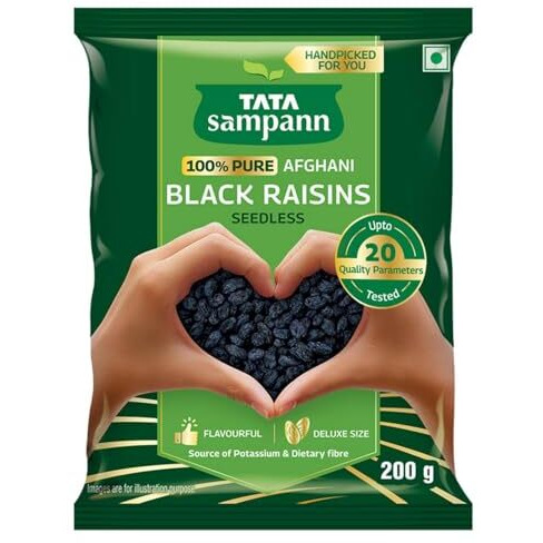 Tata Sampann 100% Pure Afghani Black Raisins Seedless/Kali Kishmish, Kali Draksh, Dry Fruits, Flavourful & Delicious Snack, Source Of Potassium & Dietary Fibre, 200 G