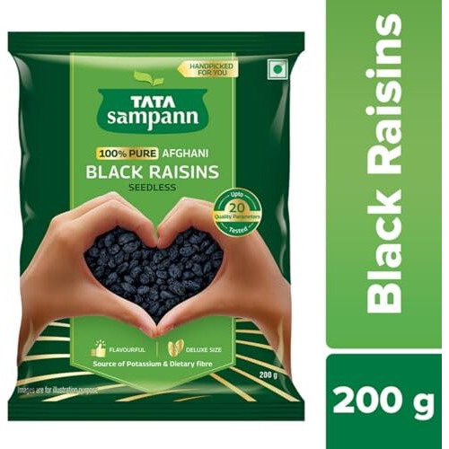 Tata Sampann 100% Pure Afghani Black Raisins Seedless/Kali Kishmish, Kali Draksh, Dry Fruits, Flavourful & Delicious Snack, Source Of Potassium & Dietary Fibre, 200 G