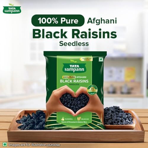 Tata Sampann 100% Pure Afghani Black Raisins Seedless/Kali Kishmish, Kali Draksh, Dry Fruits, Flavourful & Delicious Snack, Source Of Potassium & Dietary Fibre, 200 G