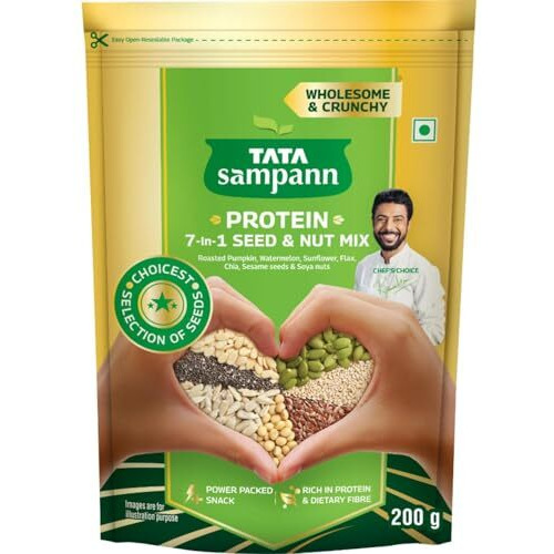 Tata Sampann Protein 7-In-1 Seed & Nut Mix | Power Packed & Crunchy Snack | Trail Mix | Rich In Protein & Dietary Fibre | Rich In Magnesium & Phosphorus | 200G | Roasted Pumpkin, Watermelon, Sunflower, Flax, Chia, Sesame Seeds & Soya Nuts
