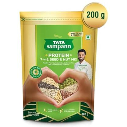 Tata Sampann Protein 7-In-1 Seed & Nut Mix | Power Packed & Crunchy Snack | Trail Mix | Rich In Protein & Dietary Fibre | Rich In Magnesium & Phosphorus | 200G | Roasted Pumpkin, Watermelon, Sunflower, Flax, Chia, Sesame Seeds & Soya Nuts