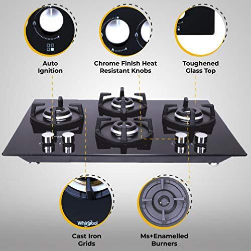 Whirlpool Hob 4 Burner Crystal Glass Auto Ignition Gas Stove (Elite Hybrid 704 Mt Gas Hob), Black
