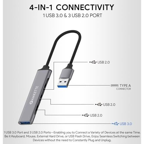 Amkette 4 Port Usb Hub For Laptop/Pc With Usb 3.0 Port For 5 Gbps Superspeed Data Transmission,1*Usb 3.0 Ports, 3*Usb 2.0 Port,Sleek Metal Design,Universally Compatible With All Usb,Pc,Laptop (Grey)