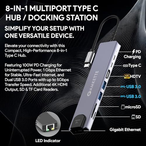 Amkette 8-In-1 Pro 1Gbps Docking Station For Laptop,Type C Hub With 100W Power Delivery&Usb C Data Transfer, 4K Hdmi,Usb 3.0,1Gbps Ethernet,Sd/Tf Card Reader,For All Type C Devices-Macbook&Laptops