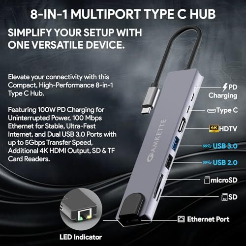 Amkette 8-In-1 Type C Hub/Docking Station With 100W Power Delivery&Usb C Data Transfer Multiport Adapter With 4K Hdmi,Usb 3.0,100 Mbps Ethernet,Sd/Tf Card Reader,For All Type C Devices-Macbook,Laptops