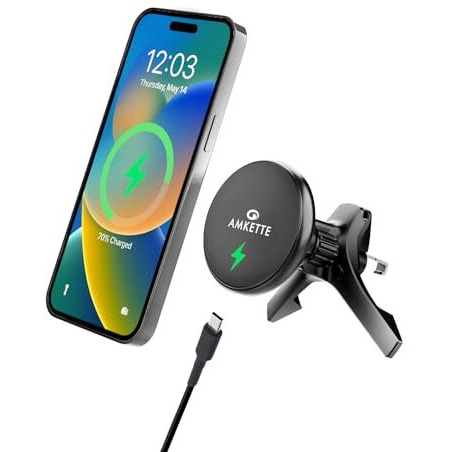 Amkette Igrip Car Wireless Charger With Ultra Stable Air Vent, Hook & Clamp Design, 15W Magsafe Compatible, Magnetic Mobile Holder For Car | Magsafe Ring For Wireless Charging Smartphones