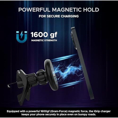 Amkette Igrip Car Wireless Charger With Ultra Stable Air Vent, Hook & Clamp Design, 15W Magsafe Compatible, Magnetic Mobile Holder For Car | Magsafe Ring For Wireless Charging Smartphones