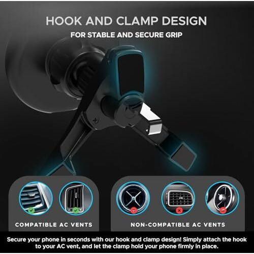 Amkette Igrip Car Wireless Charger With Ultra Stable Air Vent, Hook & Clamp Design, 15W Magsafe Compatible, Magnetic Mobile Holder For Car | Magsafe Ring For Wireless Charging Smartphones