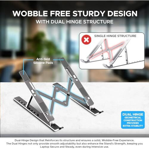 Amkette Ergo View Foldable Laptop Stand Metal, Centre Dual Hinge Support, Specially Designed For Heavy Laptops With Revited Joints, 7 Adjustable Levels, Anti Slip Silicone Grips (Silver)