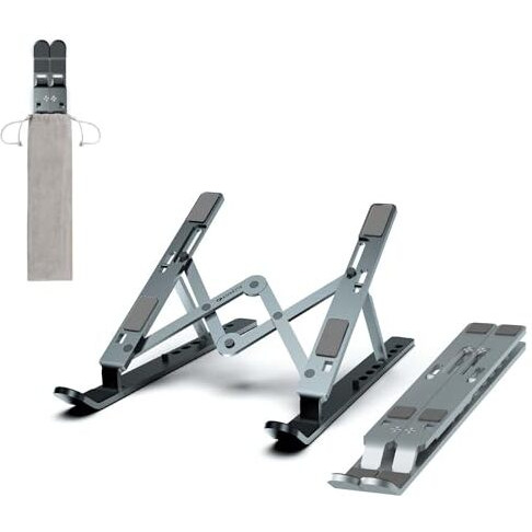 Amkette Ergo View Foldable Laptop Stand Metal, Centre Dual Hinge Support, Specially Designed For Heavy Laptops With Revited Joints, 7 Adjustable Levels, Anti Slip Silicone Grips (Grey)