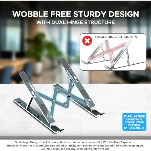 Amkette Ergo View Foldable Laptop Stand Metal, Centre Dual Hinge Support, Specially Designed For Heavy Laptops With Revited Joints, 7 Adjustable Levels, Anti Slip Silicone Grips (Grey)