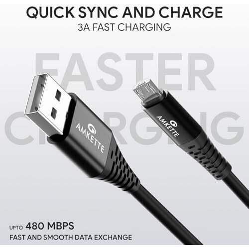 Amkette Powerpro Micro Usb Cable, 3A Fast Charging & 480Mbps Data Transfer, Durable Design, Compatible With Samsung, Realme, Redmi, Oppo, Vivo, And Other Devices-1M(Black)