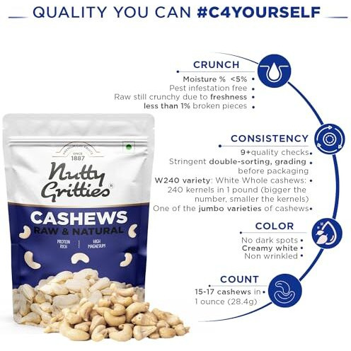Nutty Gritties Premium Jumbo Size Cashews 200G, Rich In Protein|W240|Zero Breakage|Resealable Pouch