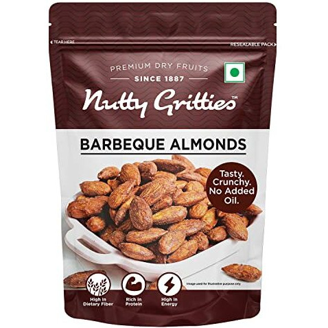 Nutty Gritties Party Snacks Barbeque Almonds (Bbq) 200G - Healthy Party Snack, Dry Roasted, Non Fried, Zero Oil, Crunchy, Tasty | Resealable Pouch
