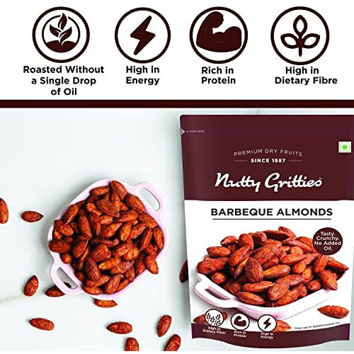 Nutty Gritties Party Snacks Barbeque Almonds (Bbq) 200G - Healthy Party Snack, Dry Roasted, Non Fried, Zero Oil, Crunchy, Tasty | Resealable Pouch