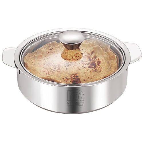 Nanonine Chapati Pot Double Wall Insulated Stainless Steel Serve Fresh Roti Casserole With Glass Lid, 1250 Ml, 1 Pc,