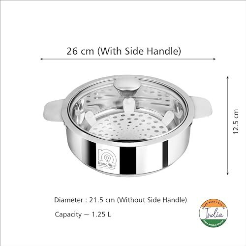 Nanonine Chapati Pot Double Wall Insulated Stainless Steel Serve Fresh Roti Casserole With Glass Lid, 1250 Ml, 1 Pc,