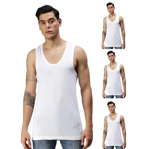 Onn Men's Cotton Vest (Pack Of 4)(8904209869401 121_White_Large(100-105)_4Pc)