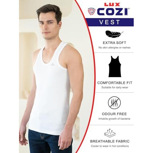 Lux Cozi Men's Pack Of 6 White Round Neck Sleeveless Cotton Vest (Size  95Cm)