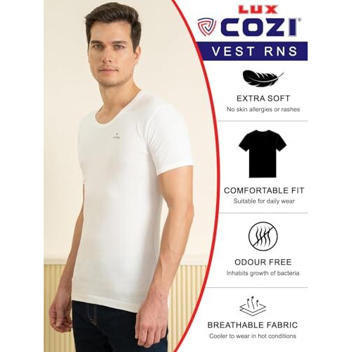 Lux Cozi Men's Pack Of 5 White Round Neck Half Sleeves 100% Cotton Vest (Size  90Cm)