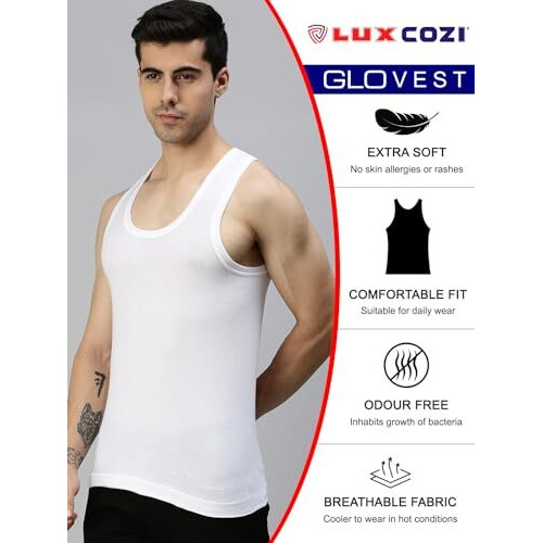 Lux Cozi Men's Cotton Vest (Pack Of 3) (8904209874139_Cozi_Glo_Wh_90_White)