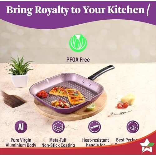 Wonderchef Valencia Non-Stick Grill Pan | Cool Touch Bakelite Handle | Pure Grade Aluminium| Pfoa Free| Size 24 Cm | 1.6 Litres Capacity | 2 Year Warranty | Purple