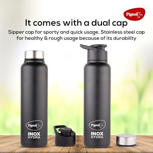 Pigeon Inox Hydra Duo, Dual Cap, Flipper Cap And Fridge Cap In One Bottle, Easy To Use, Multipurpose All In One Bottle 900Ml, Black