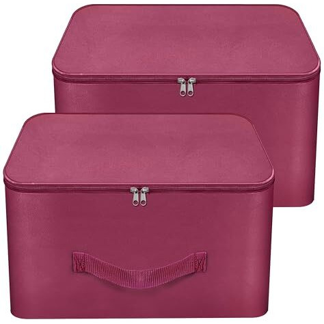 Storite 2 Pack Nylon Wardrobe Bag Underbed Moisture Proof Cloth Storage Organizer, Storage Box For Clothes Saree Bags With Zippered Closure & Handle (Magenta, 37X34X23 Cm) Square