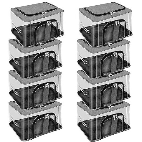 Storite 8 Pk Nylon 33 L Pvc Transparent Moisture Proof Storage Box For Clothes Closet Wardrobe Organizer Bag For Clothes With Carry Handle & Transparent Window - (Grey, 44 X 31 X 24 Cm)