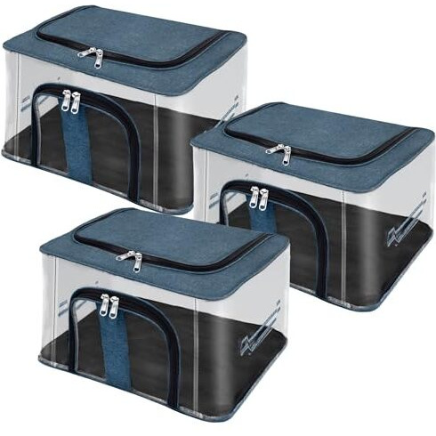 Storite 3 Pack Nylon 33 L Pvc Transparent Moisture Proof Storage Box For Clothes Closet Wardrobe Organizer Saree Bags For Clothes With Carry Handle - (Darkteal, 44 X 31 X 24 Cm)