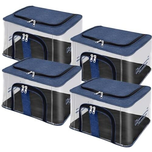 Storite 4 Pack Nylon 33 L Pvc Transparent Moisture Proof Storage Box For Clothes Closet Wardrobe Organizer For Clothes With Carry Handle - (Darkblue, 44 X 31 X 24 Cm)
