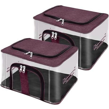 Storite 2 Pack Nylon 33 L Pvc Transparent Moisture Proof Storage Box For Clothes Closet Wardrobe Organizer For Clothes Saree Bags With Carry Handle - (Vivid Red, 44 X 31 X 24 Cm)