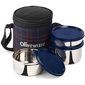 Oliveware Bliss Lunch Box, 100% Leak Proof, 3 Stainless Steel Containers With Bpa Free Airtight Lids (300 Ml, 450 Ml, 600 Ml), Fabric Bag - Blue