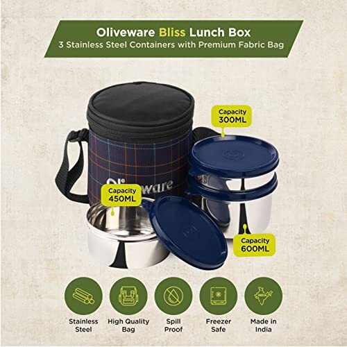 Oliveware Bliss Lunch Box, 100% Leak Proof, 3 Stainless Steel Containers With Bpa Free Airtight Lids (300 Ml, 450 Ml, 600 Ml), Fabric Bag - Blue