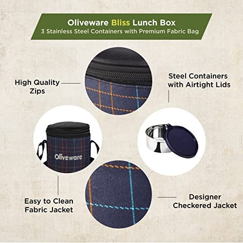 Oliveware Bliss Lunch Box, 100% Leak Proof, 3 Stainless Steel Containers With Bpa Free Airtight Lids (300 Ml, 450 Ml, 600 Ml), Fabric Bag - Blue