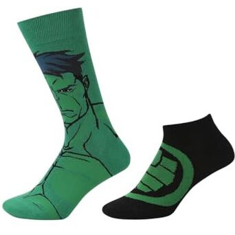 Balenzia X Marvel Character Cotton And Spandex Crew & Lowcut Socks For Men- The Incredible Hulk (Pack Of 2)(Free Size) Green & Black