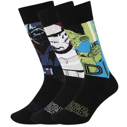 Balenzia X Star Wars Men's Character Crew Socks With Giftbox Pack Of 3(Black) | Clone Trooper, Yoda, And Darth Vader (Free Size)