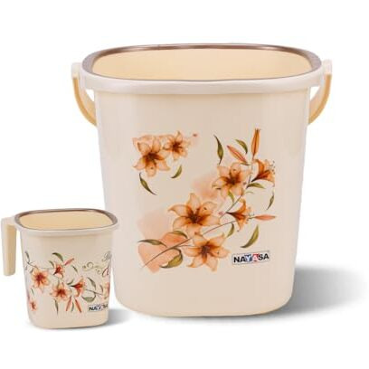 Nayasa Plastic Sqr Dlx 2 Pcs Bathroom Set | Bucket 25 Ltrs + Mug 1.5 | Bathroom Set |Bath Set For Bathroom | Cream