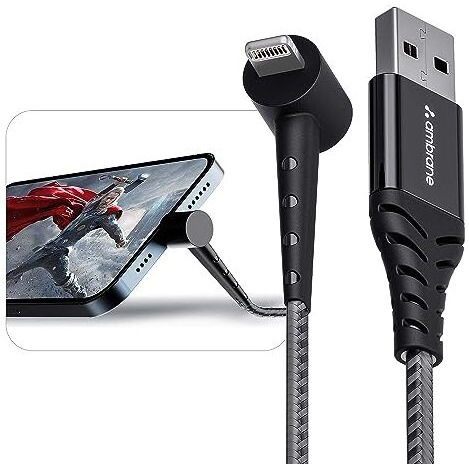 Ambrane Lightning Standing Cable, 12W Fast Charging, Perfect For Holding Mobile While Charging/Binge-Watching & 480 Mbps Data Sync Cable For Iphone, Ipad, Airpods - 1.5M (Absl-15 Black)