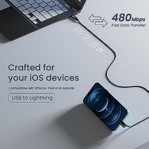 Ambrane Lightning Standing Cable, 12W Fast Charging, Perfect For Holding Mobile While Charging/Binge-Watching & 480 Mbps Data Sync Cable For Iphone, Ipad, Airpods - 1.5M (Absl-15 Black)