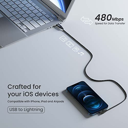 Ambrane Usb To Lightning 12W Fast Charging, L Shape For Easy Holding, 480 Mbps Data Sync Cable For Iphone, Ipad, Macbook, Imac, Airpods - 1.25M (Abll-125 Black)