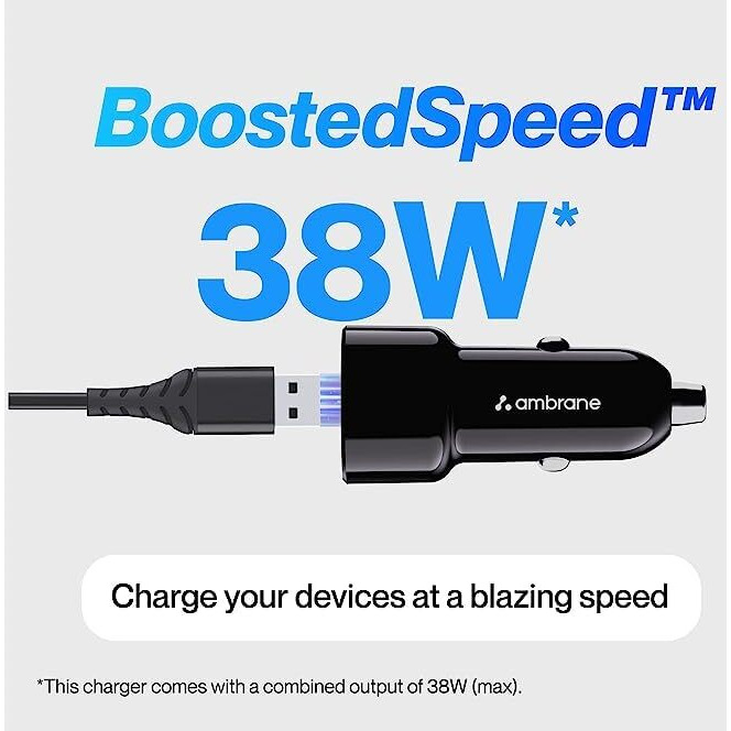 Ambrane 38W Fast Car Charger With Dual Output, Quick Charge 3.0 And Power Delivery, Type-C & Usb Port, Wide Compatibility For Smart Phones (Raap C38 A, Black)