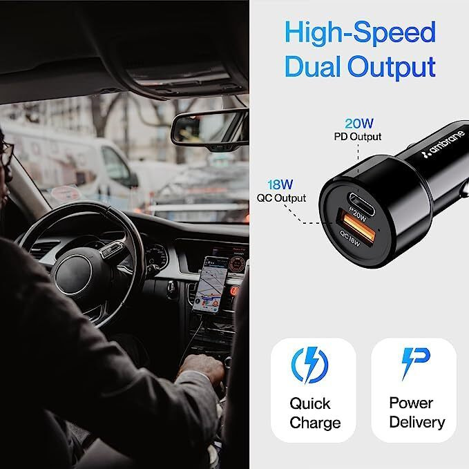 Ambrane 38W Fast Car Charger With Dual Output, Quick Charge 3.0 And Power Delivery, Type-C & Usb Port, Wide Compatibility For Smart Phones (Raap C38 A, Black)